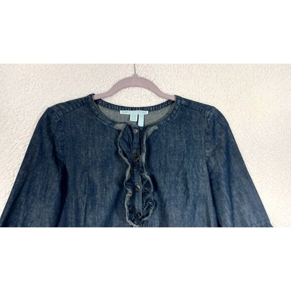 Draper James Womens Chambray Denim Shift Dress Ruffle 3/4 Bell Sleeves Size 6 - Picture 3 of 10